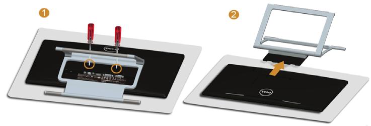 Demontáž podstavce POZNÁMKA: Abyste zabránili poškrábání LCD obrazovky při demontáži podstavce, položte monitor na měkký čistý povrch.