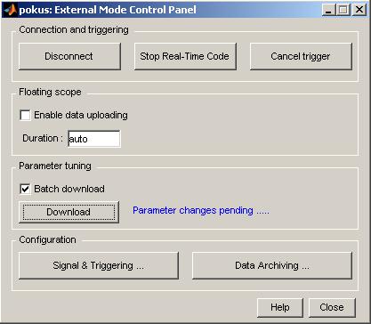 KAPITOLA 2 9 Floating scope udává jestli a v jakých intervalech se mají přijímat data do Floating scope bloků. Parameter tuning změna parametrů v modelu a následně na targetu.