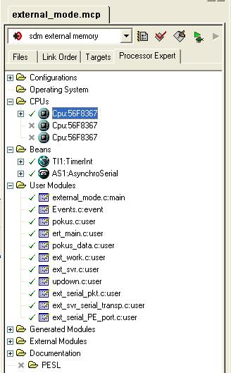 KAPITOLA 3 36 matlabroot\rtw\c\src Obrázek 18: PE - přidané uživatelské soubory V záložce Build options je potřeba nastavit velikost zásobníku (Stack size) na hodnotu 2000B a haldy (Heap size) na