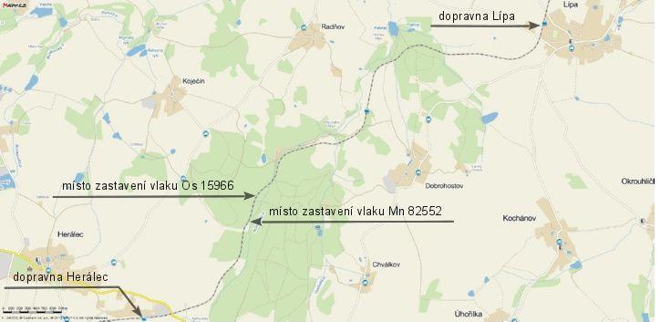 Obr. č. 2: Schéma místa zastavení vlaků Zdroj: mapy.cz Ohledáním místa MU bylo zjištěno, že vlak Os 15966 zastavil na trati v km 12,730.