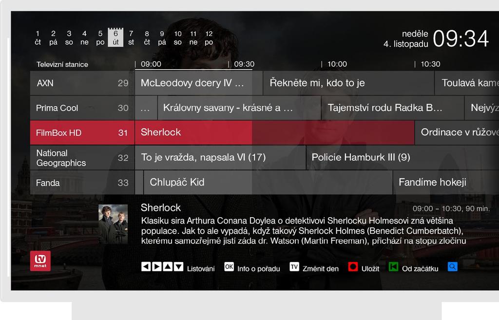 3.9. Programový průvodce (EPG) Spustí se tlačítkem TV nebo EPG. Pokud máte zvolenou vlastní skupinu stanic, EPG se zobrazí pouze nad touto zvolenou skupinou.