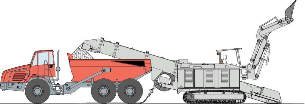 Silná, hydraulicky ovládaná lopata však umožňuje i jeho využití k vyrypování zárodků pro výklenky ve stříkaném betonu primárního ostění.