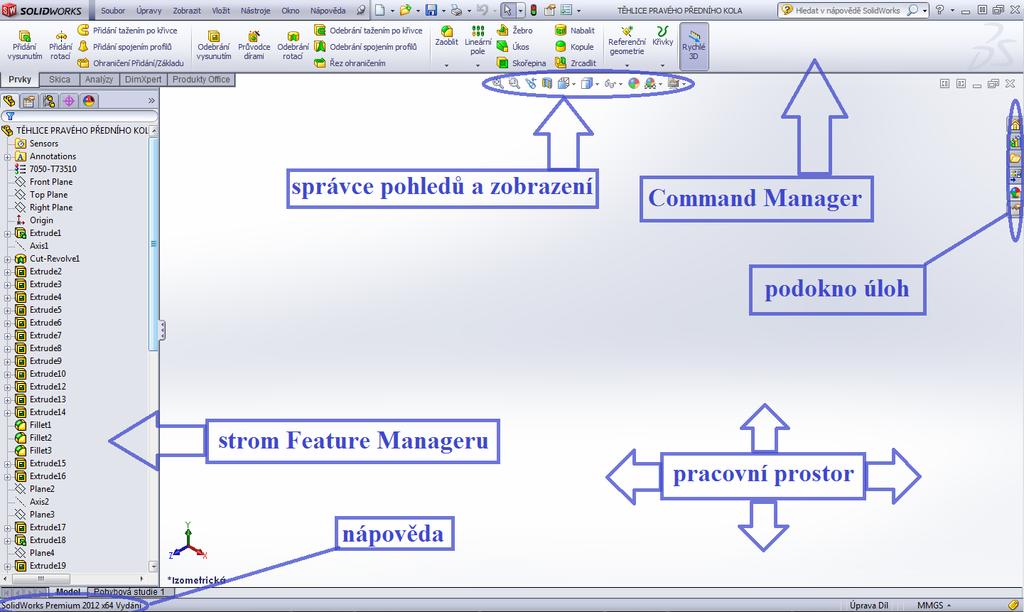 1 Konstrukce těhlice předního pravého kola v CAD softwaru SolidWorks K návrhu a konstrukci byl použit parametrický CAD