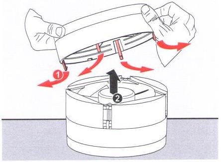 postavte inventron na rovnou plochu. odstraňte usměrňovač z ventilátoru: 1 opatrně postupně zatlačte / ohněte všechny postranní háčky na usměrňovači (1).