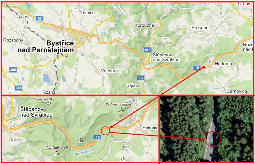 a Štěpánov. Na toku Hodonínka se hladina zvedla až do výšky třech metrů a rozlila se do šíře až 50 m. Povodeň zcela zničila silnici I. třídy č. 19.