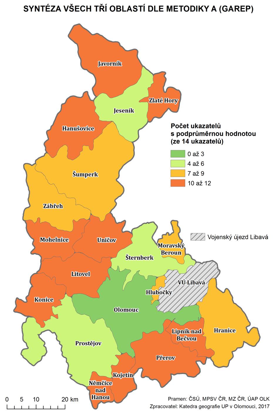Hodnocení syntézy všech tří oblastí metodikou A (GaREP) Z pohledu metodiky A je vymezení území Olomouckého kraje s výraznými rozdíly poměrně prosté.