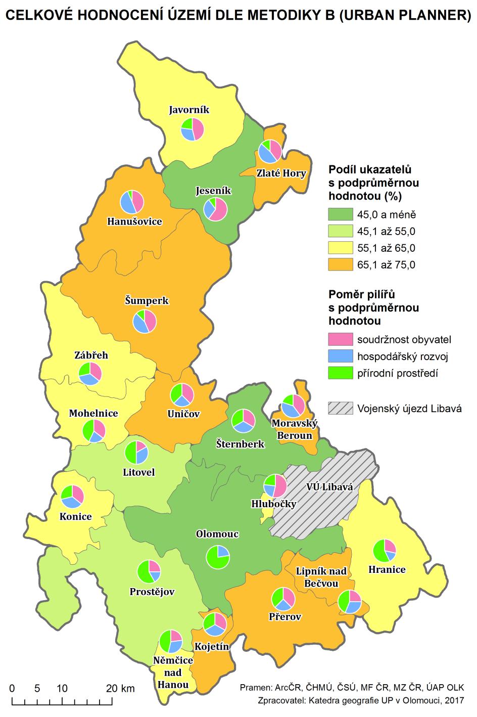 podílí na negativním hodnocení daného území). Patrně díky vyššímu počtu ukazatelů jsou v druhé metodice (Urban Planner) výsledky poněkud zjemněné.