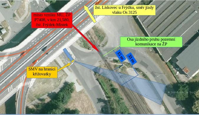 Obr. č. 4: Rozhled na dráhu z hranice křižovatky Zdroj: DI Bezpečné provozování drážní dopravy a bezpečnost účastníků provozu na pozemní komunikaci je na ŽP P7408 zajištěna, v souladu s 4 odst.