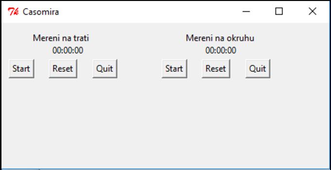 5. Programová část 5.1. Okno programu Na levé části okna je časomíra pro měření trati z bodu A do bodu B, pomocí dvou optických závor. Část měření na okruhu měří postupně čas 5 ti kol a vypisuje je.