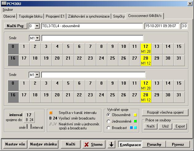 Obr. 3-6 Cross-connect PCM30U-3UST Nastavení musí být provedeno na obou relacích (1 i 2) vždy tak, že daný TS použitého kanálu vnitřní sběrnice (M1) směrujeme na TS kanálu ve směru optického spoje