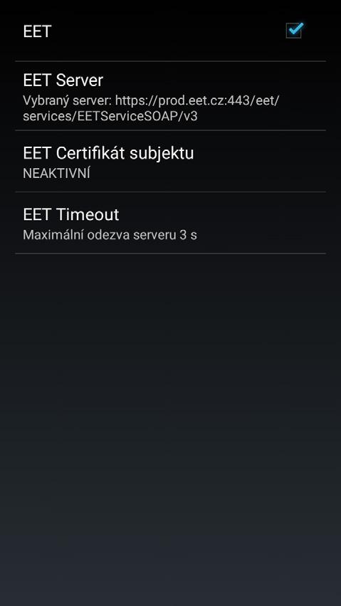 . EET Aby byla umožněná komunikace zařízení s EET serverem, je nutné vykonat následující nastavení. 6 5 4 Klikněte na ikonu v pravém horním rohu obrazovky. Zobrazí se menu - klikněte na Nastavení.