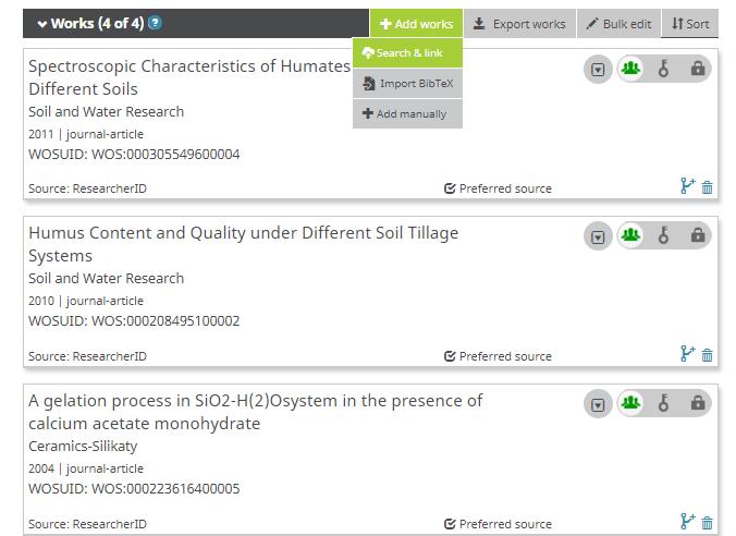 Vložení publikací do profilu ORCID: Vědecké výsledky (publikace) můžete přidávat různými způsoby: 1. Propojením a importem z jiných zdrojů (např.