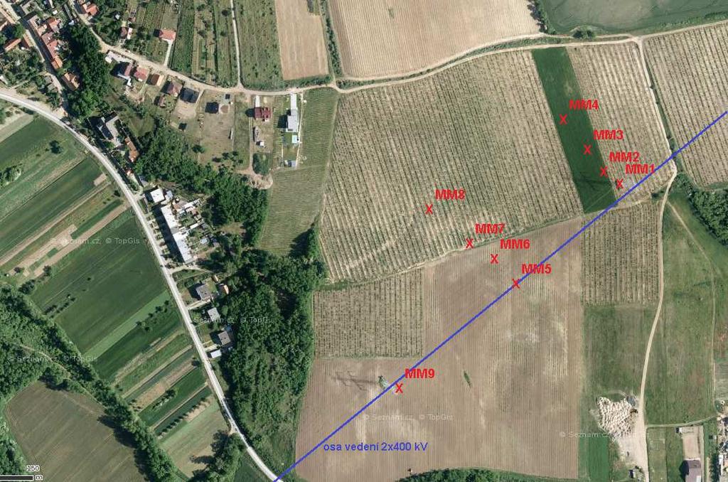 Obr. 1: Místa měření v lokalitě Pravlov - orientačně MM1 Pod stožárem ZVN zřetelné sršení Paměť Čas spuštění Interval T (s) L A eq,t (db) L pamax (db) L pamin (db) L A90,T (db) 180 8.4.