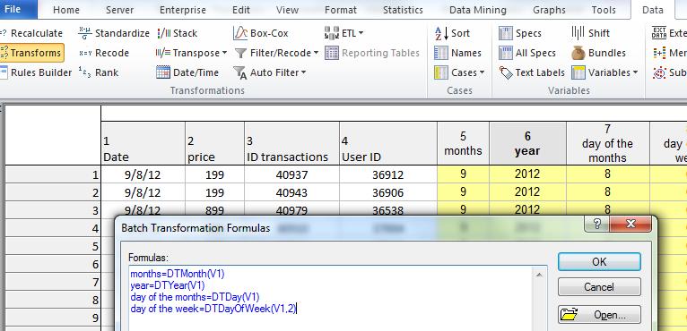 Tvorba nových proměnných Construct data V záložce Data Transformace dialog nám umožní v jenom kroku definovat všechny funkce pro vytvoření nových