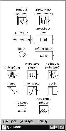 Obrázek 2.3: Okno sources v Simulinku Dalším blokem je blok Signal Generator, po otevření bloku máte možnost definovat generovaný signál: průběh, amplitudu a kmitočet, viz. obrázek:?