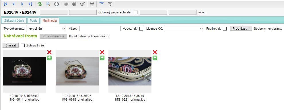 obr. č. 3 6. S vloženými soubory lze následně provádět tyto operace: Kliknutím na náhled (ikonu) lze fotografie zobrazit. Kliknutím na tlačítko lze soubor smazat.