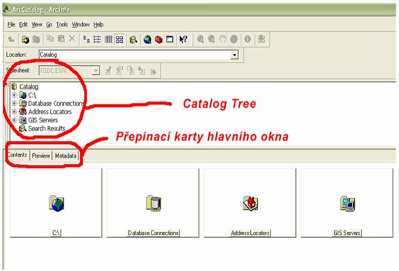 1 ARCCATALOG Aplikace ArcCatalog, která je součástí ArcGISu, slouží - k rychlému a snadnému prohlížení geografických dat (náhled, metadata, aj.