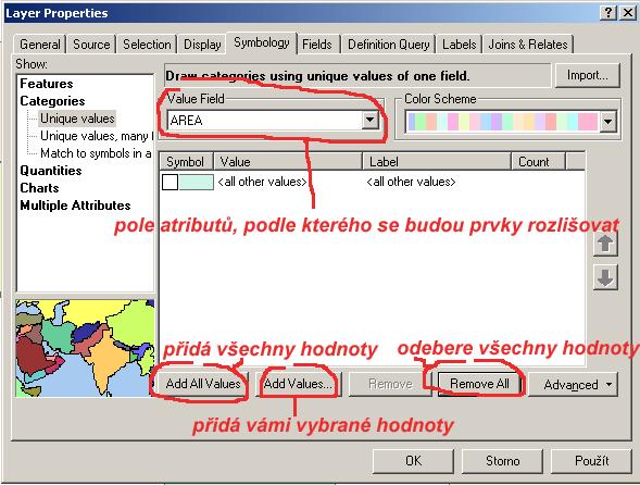 Obr. 4.7. Možnosti nastavení u chorochromatické mapy. Poté, co si vyberete atribut, podle kterého se bude rozlišovat, musíte si zvolit, jaké prvky budou v mapě zobrazeny. Máte dvě možnosti: A.