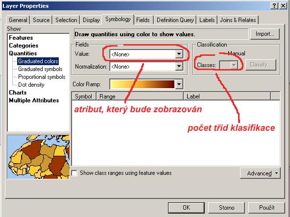 V levé části dialogového okna musíte kliknout na volbu Graduated colors (viz. Obr. 4.8). Zobrazí se vám dialogové okno, které je také v Obr. 4.9.