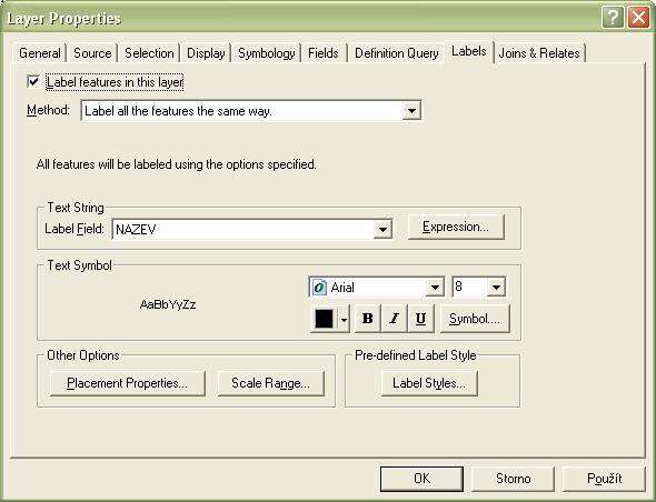 5 POPISKY 5.1 Umísťování popisků Dvojitým kliknutím na název vrstvy v obsahové tabulce se otevře okno Layer Properties, v němž je karta Labels (popisky), viz obr 5.1. Obr. 5.1 Okno Layer Properties, karta Labels.