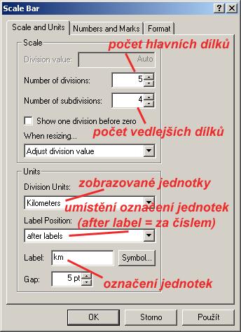 Obr. 6.14. Nastavení parametrů měřítka korektně vůči české kartografii.