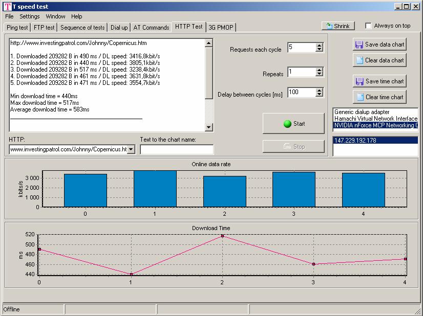 5.2 HTTP test Záložka HTTP test slouží hlavně pro měření rychlosti načítání webových stránek, měření velikosti načítané stránky a následného měření přenosové rychlosti. Záložka je zobrazena na obr. 5.