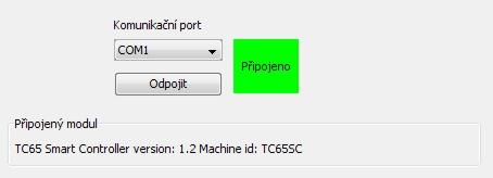 INDIKACE PŘIPOJENÍ TC65I SMART CONTROLLERU REL.2 K PC Úspěšné připojení je indikováno změnou barvy stavového pole na zelenou a zobrazením identifikace zařízení.