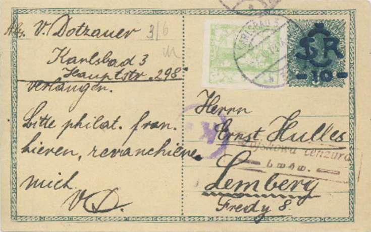- 2 - Dvě vojenské cenzury na pohlednici poslané z K.Varů do Lwowa v květnu 1919 Pouņita čs.dopisnice CDV 1 Pbb. Expediční razítko KARLSBAD 3/*3a* s datem na můstku razítka 31.V.19. XI-.
