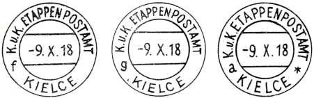 Etapní pońta v Kielcích pouņívala razítka (bez hvězdičky mezi nápisy K.u.k.Etappenpostamt a Kielce) s rozlińením a, b, c, d, f, g.