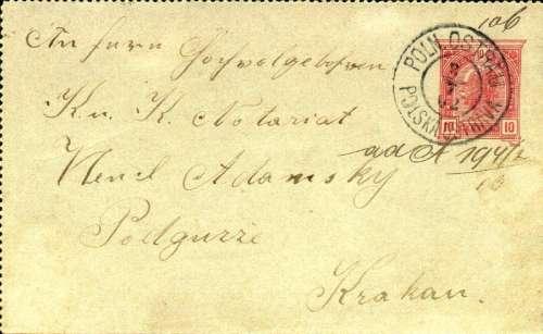 Toto razítko s chybným nápisem není zatím nikde uvedeno. Dopisnice poslaná v místní pońtovní přepravě do Polské Ostravy s datem 17.3.1902. Zálepka poslaná do Krakova, datum na expedičním razítku je 8.