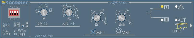 ATyS M 6s Nastavení a provoz 4 potenciometry volba jmenovitého napětí společné nastavení hodnoty přepětí/podpětí a překročení / podkročení frekvence nastavení časů MFT (0 až 60 s), DTT (5 s), MRT (0