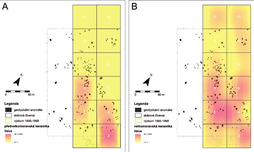 Obr. 12. Břeclav-Líbivá. Distribuce fragmentarizačního indexu předvelkomoravské (A) a velkomoravské (B) keramiky a interpretace magnetických anomálií antropogenního původu. Fig. 12. Břeclav-Líbivá. Distribution of the fragmentation index of pre-great Moravian (A) and Great Moravian (B) pottery and interpretation of magnetic anomalies of anthropogenic origin.