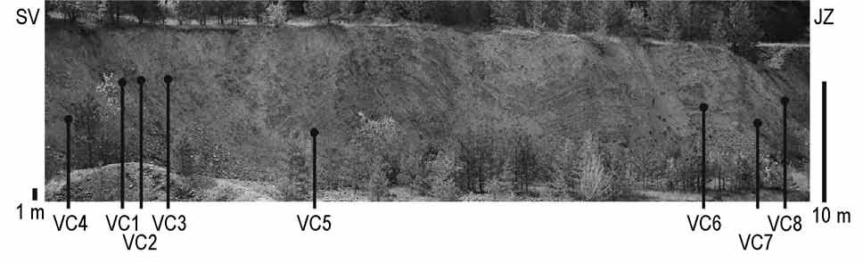 Obr. 2: JV stěna svrchní etáže Lesního lomu s vyznačenými místy odběru vzorků. Fig. 2: SE side of the upper level of the Lesní lom quarry with marked spots where samples were taken.