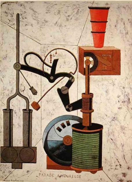 11. Picabia, F., Milostná přehlídka, 1917 12. Picabia, F., Dcera narozená bez matky, 1916-1917 Inkoustová kresba z roku 1915 nazvaná Ideál je přímo ukázkové dílo součástkové harmonie, coţ vyplývá jiţ ze samotného názvu této kresby.