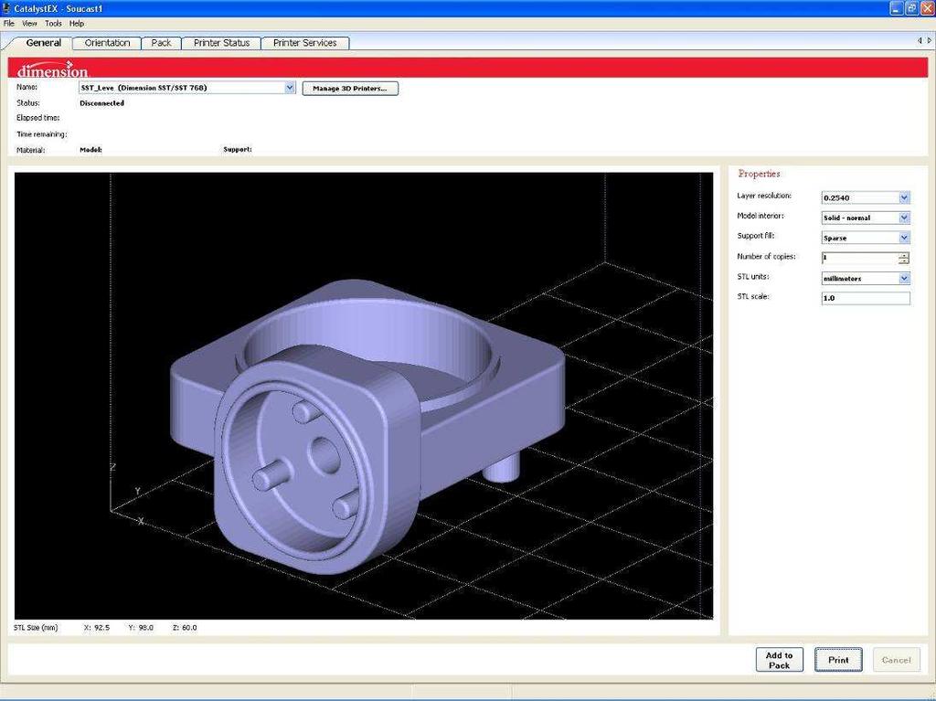 Výroba formy pomocí vytavitelného modelu 3.1.3 3.1.3 Úprava digitálního modelu pomocí programu Dimension Následuje zpracování formátu stl programem dodávaným přímo k dané 3D tiskárně.
