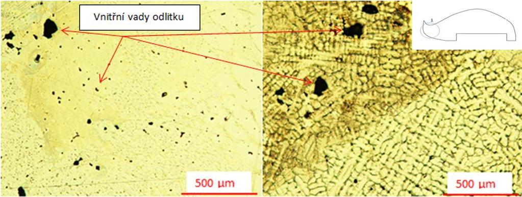 Metalografie byla u vzorku provedena na pěti různých místech, tato místa jsou označena na jednoduché skice, umístěné v pravém horním rohu metalografického snímku.