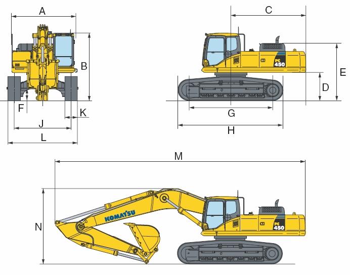 Obr.7 Základní rozměry rypadla [1] Tab.1 Rozměry pásového rypadla Komatsu PC450/LC-8 [1] A Celková šíře vrchní nástavby 2.995 mm B Celková výška s kabinou 3.250 mm C Délka zadní otočné části 3.