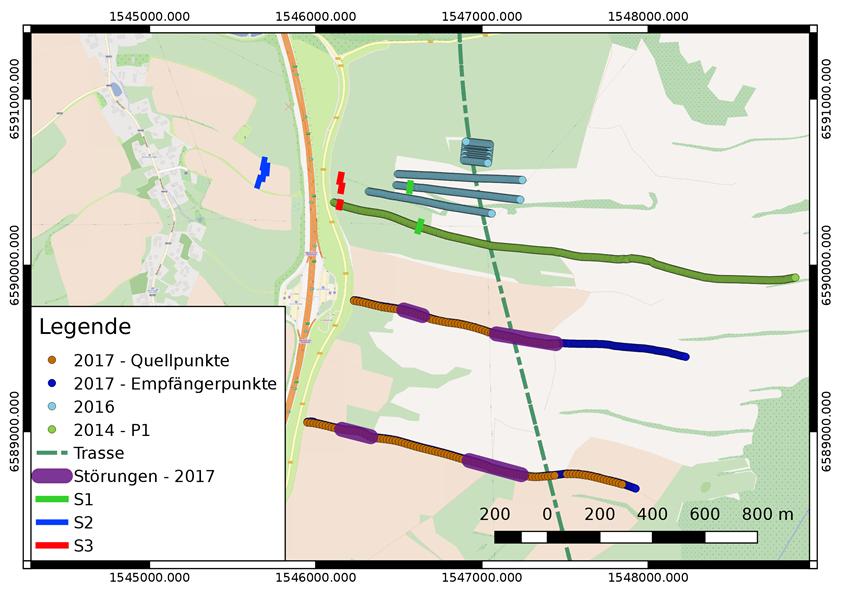 vermuteten Störungszonen (blaue, rote und grüne Linien), Messprofile