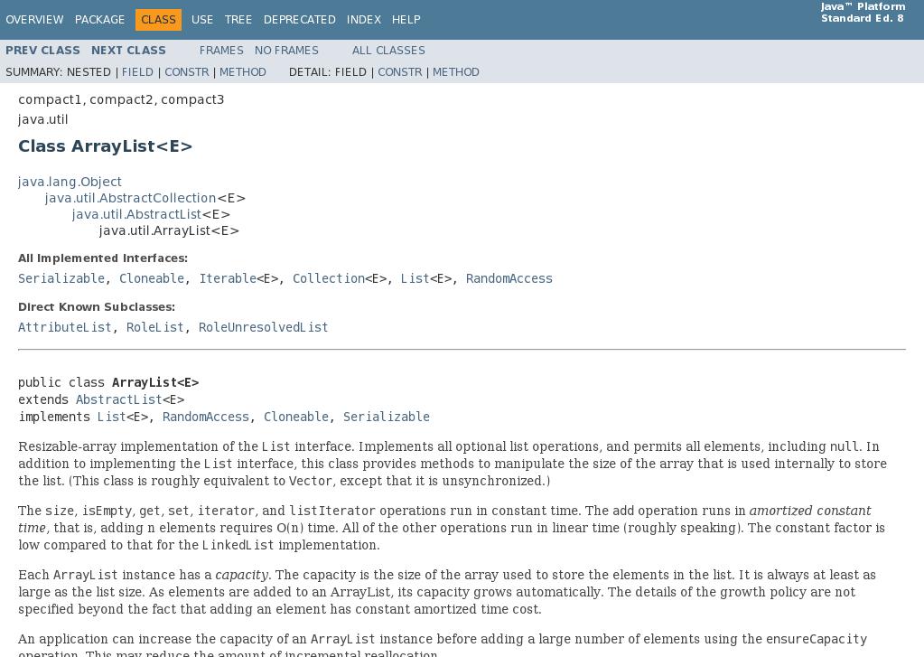 Hierarchie tříd třída ArrayList V případě knihovní třídy ArrayList https://docs.oracle.com/javase/8/docs/api/java/util/arraylist.