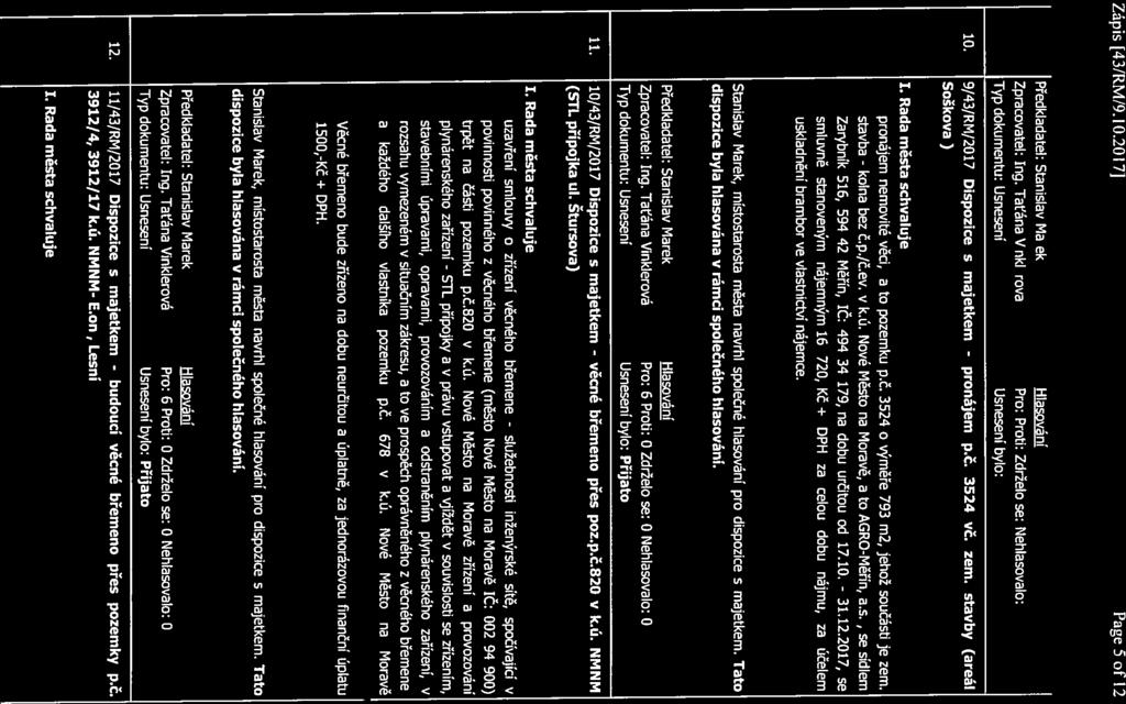 Zápis 43/RM!9.l0.20I7] Pagc 5 of 12 Zpracovatel: Ing. Taťána Vinklerová 10. 9/43/RM/2017 Dispozice s majetkem - Soškova) pronájem Pro: Proti: Zdrželo se: Nehlasovalo: Usnesení bylo: p.č. 3524 vč. zem.
