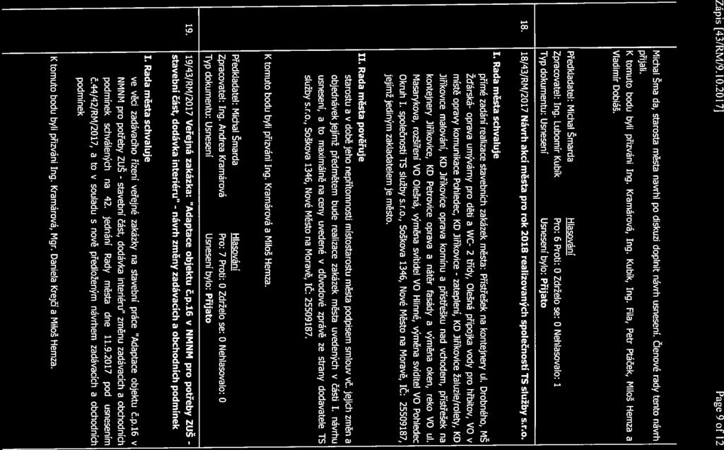 Zápis ĺ43/rmĺ9. 10.2017] Page 9 of 12 Michal Šmarda, starosta města navrhl po diskuzi doplnit návrh usnesení. Členové rady tento návrh přijali. K tomuto bodu byli přizváni Ing. Kramárová, Ing.