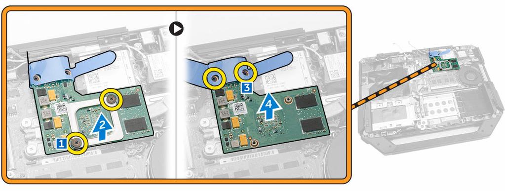 Demontáž panelu GPU 1. Postupujte podle pokynů v části Před manipulací uvnitř počítače. 2. Demontujte následující součásti: a. Baterie b. Pevný disk c. Optical Drive d. Spodní kryt e.