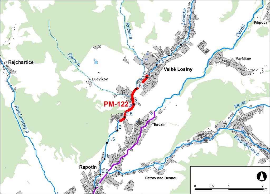 1. LOKALIZACE Předmětem řešeného území je úsek na toku Losinka v km 2,326 4,161, úsek na toku Desná v km 0,000 19,235 a