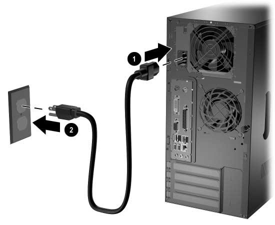 Inovace hardwaru 3. Připojte kabel napájení 1 zpět k počítači a zapojte jej do elektrické zásuvky 2. Å VÝSTRAHA: Zapojení napájecího kabelu 4. Znovu k počítači připojte všechna periferní zařízení.