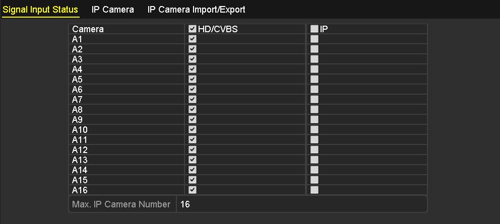Menu > Camera > Signal Input Status Krok 2: Pro výběr různých typů vstupu signálu zaškrtněte zaškrtávací políčko: HD/CVBS a IP.