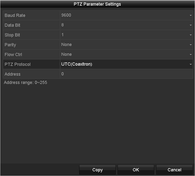 Obrázek 4 2 Ovládání PTZ obecné Krok 4: V rozevíracím seznamu vyberte parametry kamery PTZ. Všechny parametry by měly přesně odpovídat parametrům kamery PTZ.