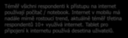 respondenti k přístupu na internet používají počítač / notebook. Internet v mobilu má nadále mírně rostoucí trend, aktuálně téměř třetina respondentů 10+ využívá internet.