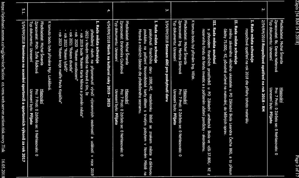 Zápis [54ĺRM/14.5.2018] Page 3 of 17 Předkladatel: Michal Šmarda Zpracovatel: Bc. Denisa Hallerová Hlasováni Pro: 7 Proti: 0 Zdrželo se: O Nehlasovalo: O 2.