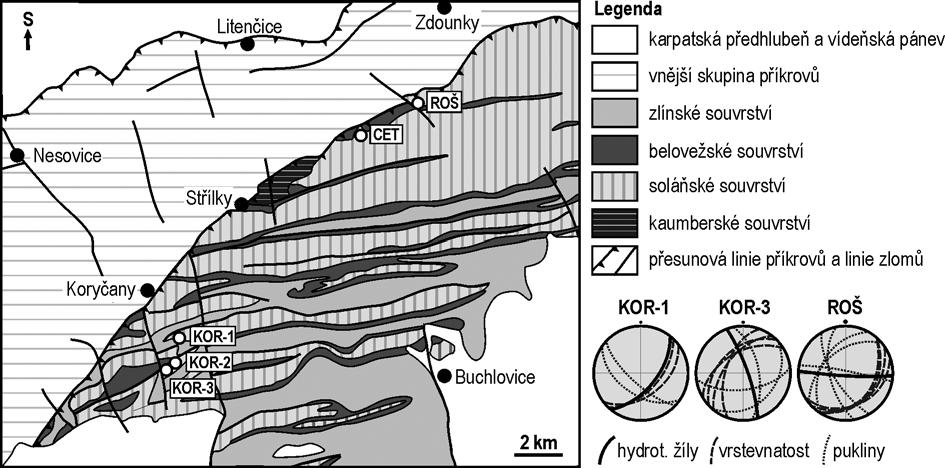 Obr. 1: Schematická mapa geologických jednotek v zájmové oblasti s vyznačenou pozicí výskytu hydrotermálních mineralizací (upraveno podle Budaye et al.
