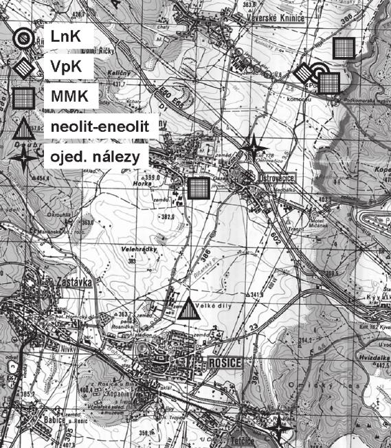 NEOLITICKÉ OSÍDLENÍ JIŽNÍ ČÁSTI BOSKOVICKÉ BRÁZDY 25 Obr. 2. Mapa 1:50 000 Boskovické brázdy v úseku Veverské Knínice Rosice s lokalitami objevenými v letech 1999 2006.